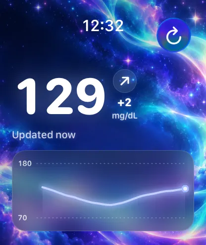 Glucose Connect Watch app with the Cosmic background and sample readings