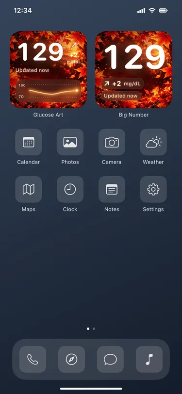Autumn: actual Home Screen widgets with sample readings in an illustrative iPhone screen