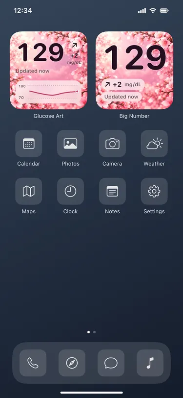 Blossom: actual Home Screen widgets with sample readings in an illustrative iPhone screen