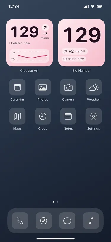 Blush: actual Home Screen widgets with sample readings in an illustrative iPhone screen