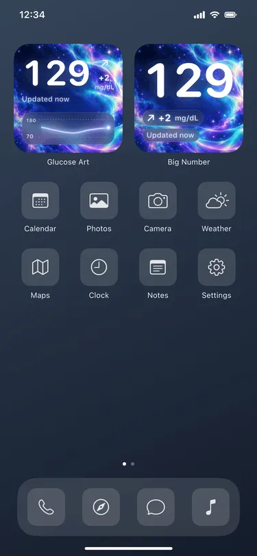 Cosmic: actual Home Screen widgets with sample readings in an illustrative iPhone screen