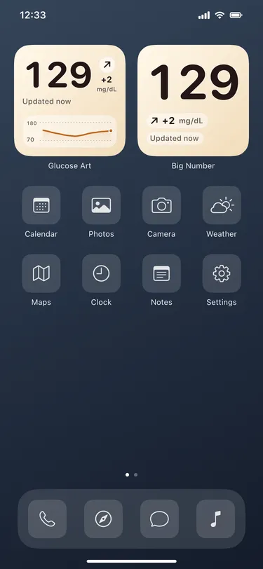Cream: actual Home Screen widgets with sample readings in an illustrative iPhone screen