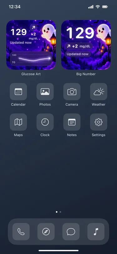 Ghosts: actual Home Screen widgets with sample readings in an illustrative iPhone screen