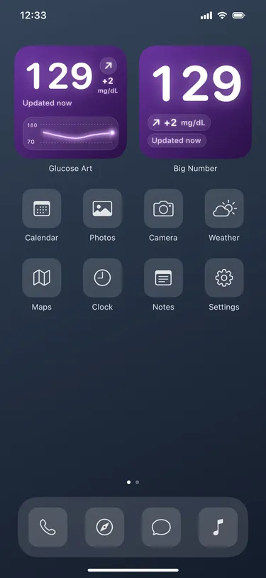 Grape: actual Home Screen widgets with sample readings in an illustrative iPhone screen