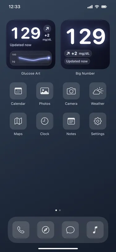 Midnight: actual Home Screen widgets with sample readings in an illustrative iPhone screen