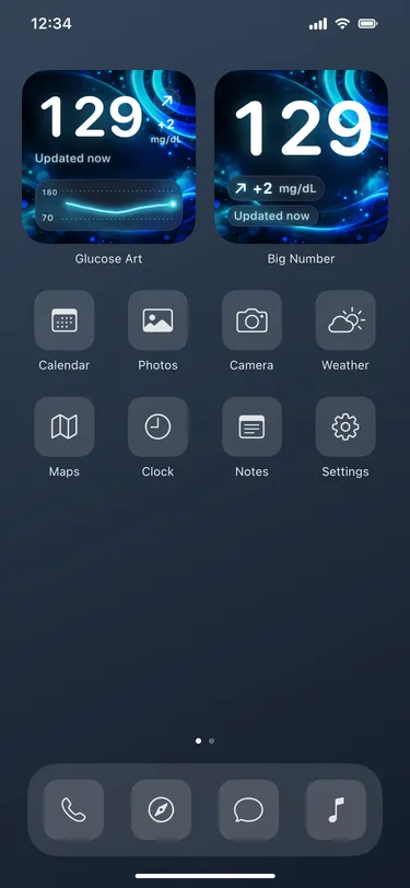 Neon: actual Home Screen widgets with sample readings in an illustrative iPhone screen