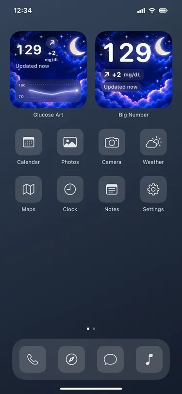 Night Sky: actual Home Screen widgets with sample readings in an illustrative iPhone screen