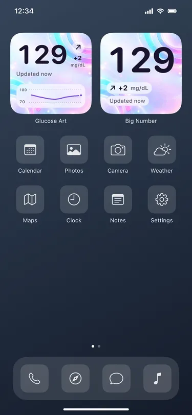 Pastel: actual Home Screen widgets with sample readings in an illustrative iPhone screen
