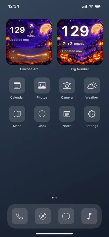 Pumpkins: actual Home Screen widgets with sample readings in an illustrative iPhone screen