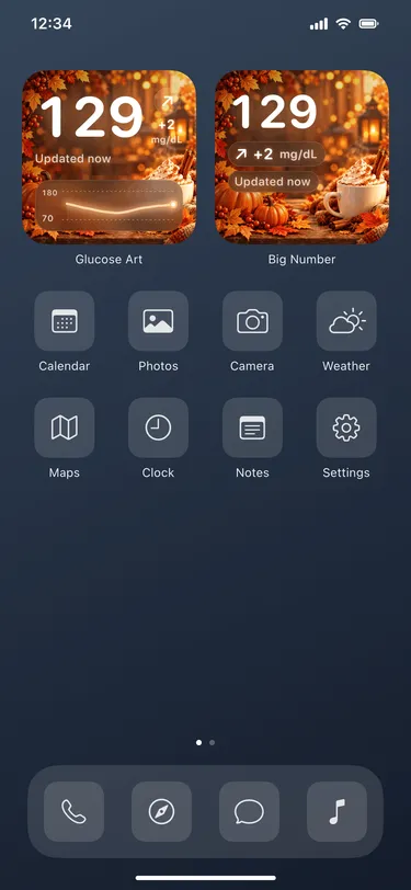 Spice: actual Home Screen widgets with sample readings in an illustrative iPhone screen