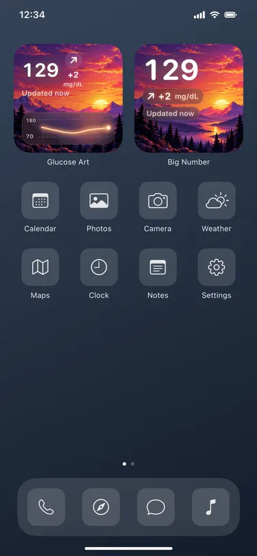 Sunset: actual Home Screen widgets with sample readings in an illustrative iPhone screen