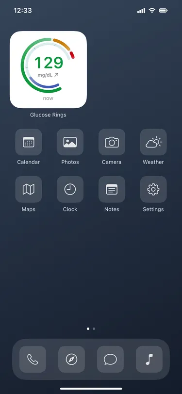 Glucose Rings: actual Home Screen widgets with sample readings in an illustrative iPhone screen