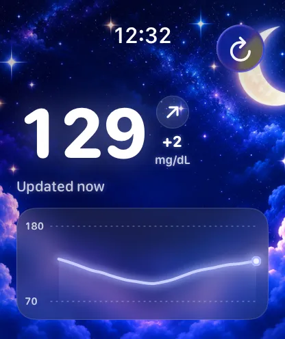 Glucose Connect Watch app with the Night Sky background and sample readings
