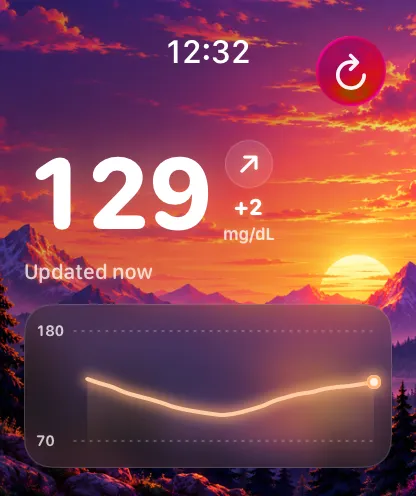 Glucose Connect Watch app with the Sunset background and sample readings